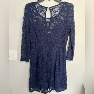 Shiny navy blue lace long sleeves dress